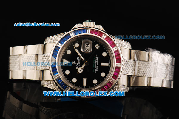 Rolex GMT-Master II Swiss ETA 2836 Automatic Movement Steel Diamond Case with Black Dial and Diamond Bezel-Steel Diamond Strap - Click Image to Close